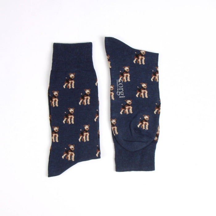 Navy blue socks with dog pattern on a white background