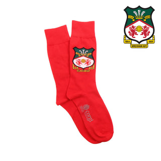 Red socks with a logo on a white background