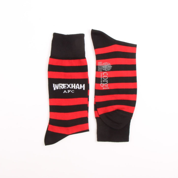 Black and red striped socks with 'Wrexham AFC' text on a white background