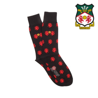 Black socks with red patterns and a logo on a white background