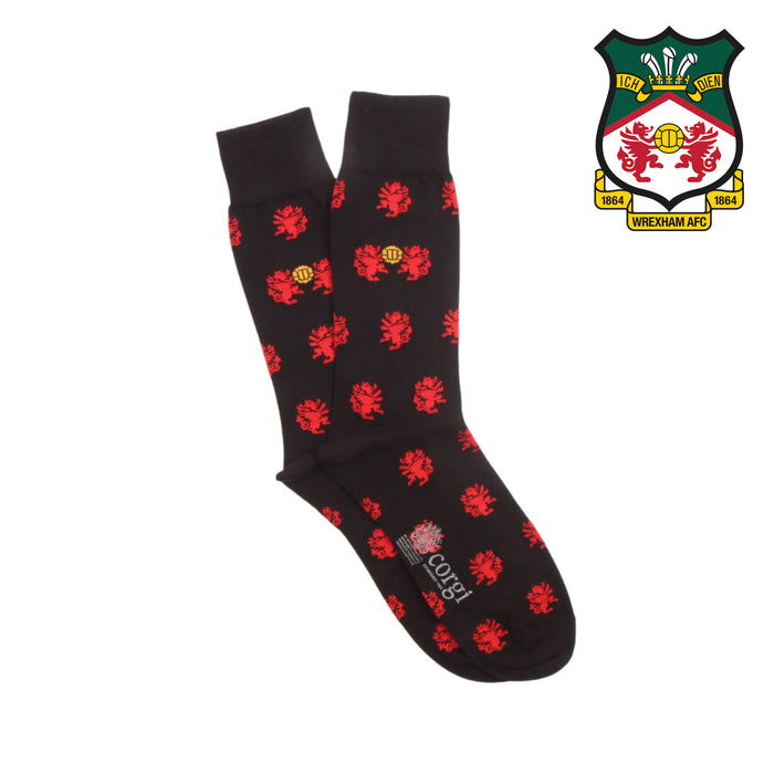 Black socks with red patterns and a logo on a white background