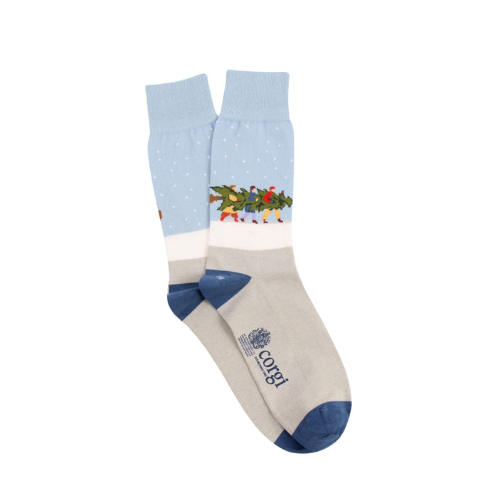 Men's Cotton Socks with an image of three men carrying a large Christmas tree in the snow