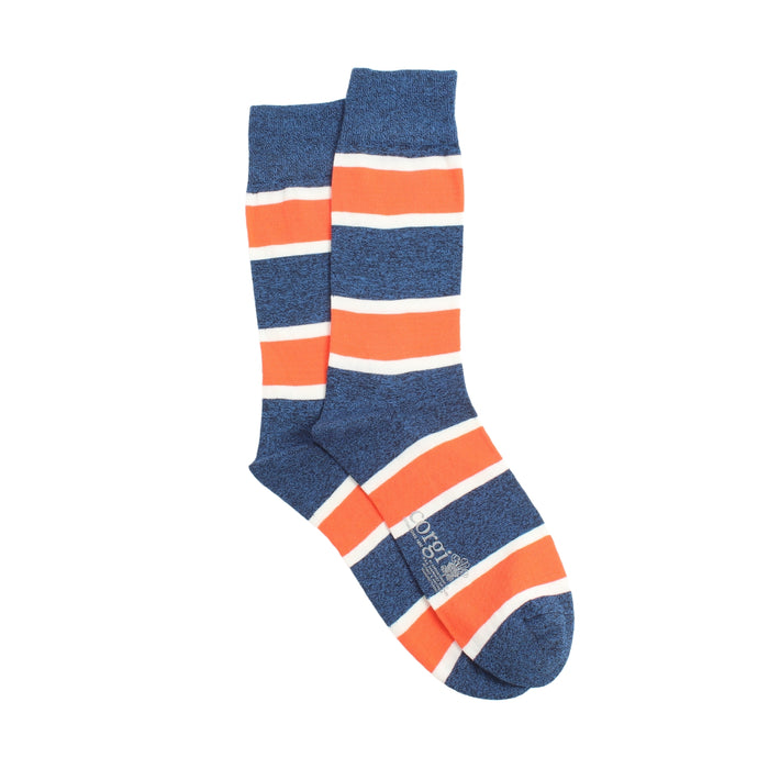 Pair of blue and orange striped socks on a white background