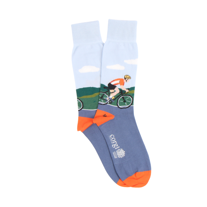 Colorful sock with a cyclist design on a white background