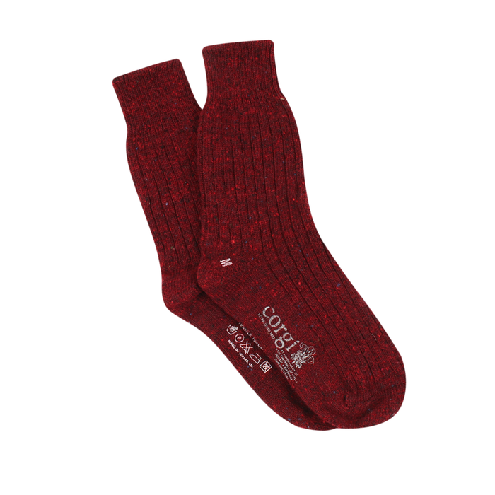 Pair of maroon socks with a visible brand logo on a white background