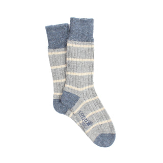 Pair of striped socks with blue and gray tones on a white background