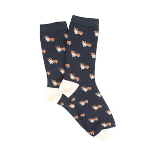Navy socks with corgi pattern on a white background