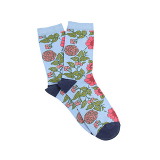 Blue floral-patterned socks on a white background