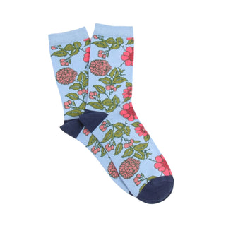 Blue floral-patterned socks on a white background