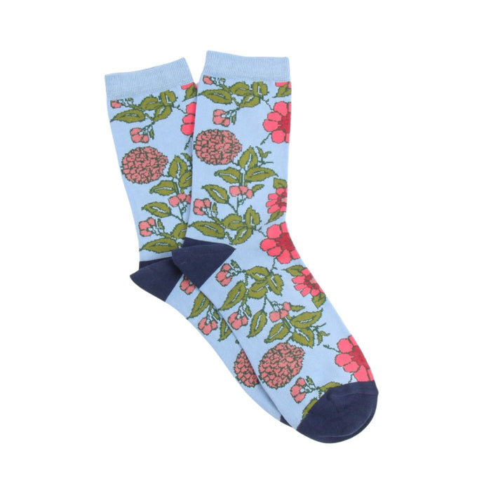 Blue floral-patterned socks on a white background
