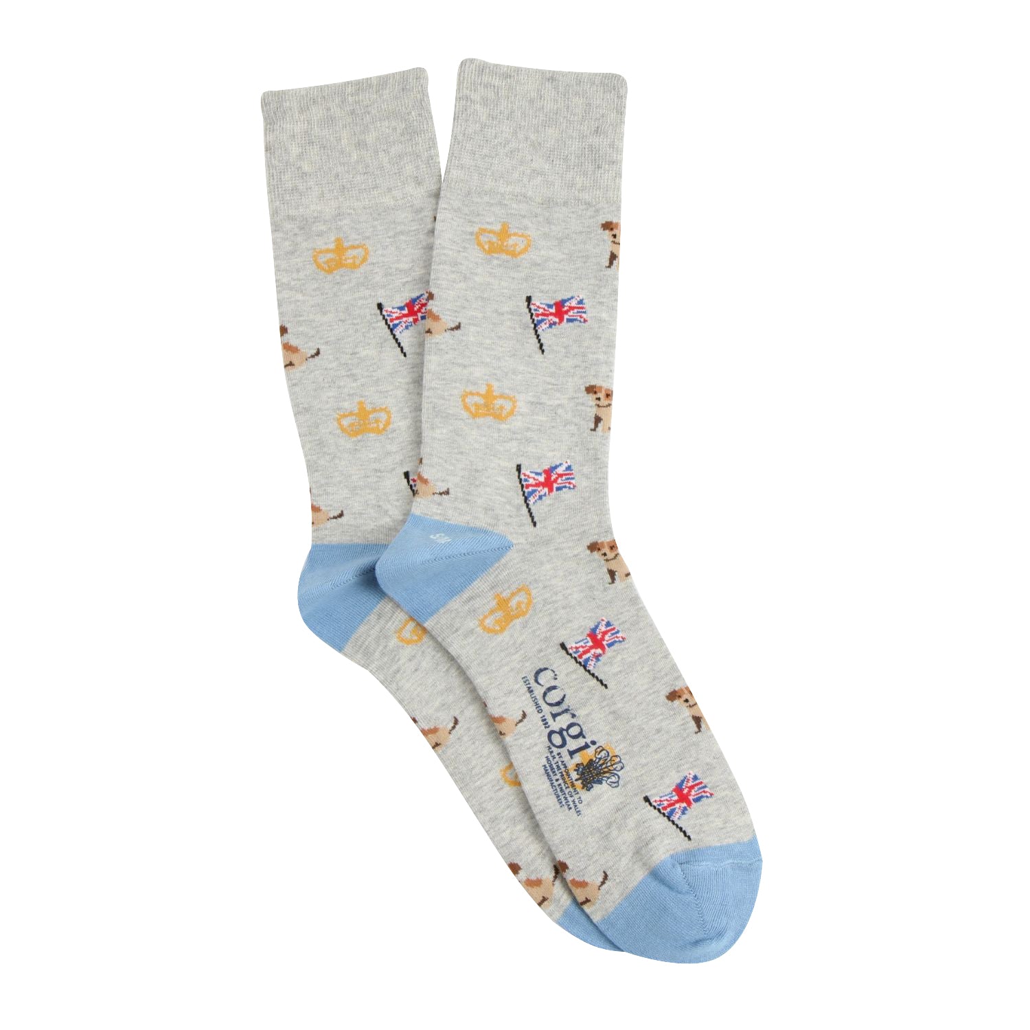 A pair of women's mid-calf cotton socks with a grey background featuring a pattern of a crown, Union Jack, and a Jack Russell terrier. The socks have blue heels and toes.