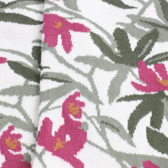Close-up of fabric with pink floral and green leaf pattern on a white background