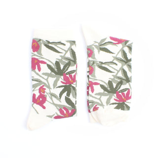Pair of socks with pink floral pattern on a white background