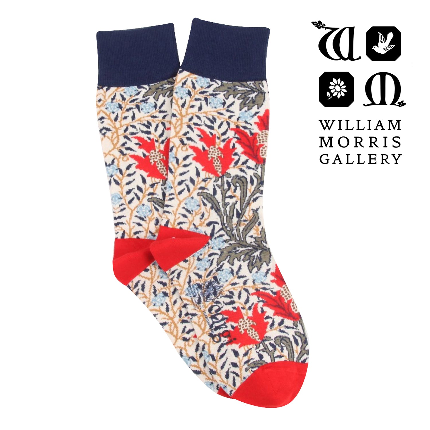 Floral-patterned sock with red accents on a white background, featuring the William Morris Gallery logo.