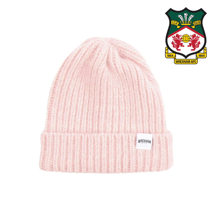 Pink beanie with a logo on a white background