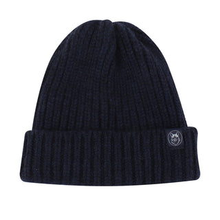 Navy blue knit beanie with a logo patch on a white background