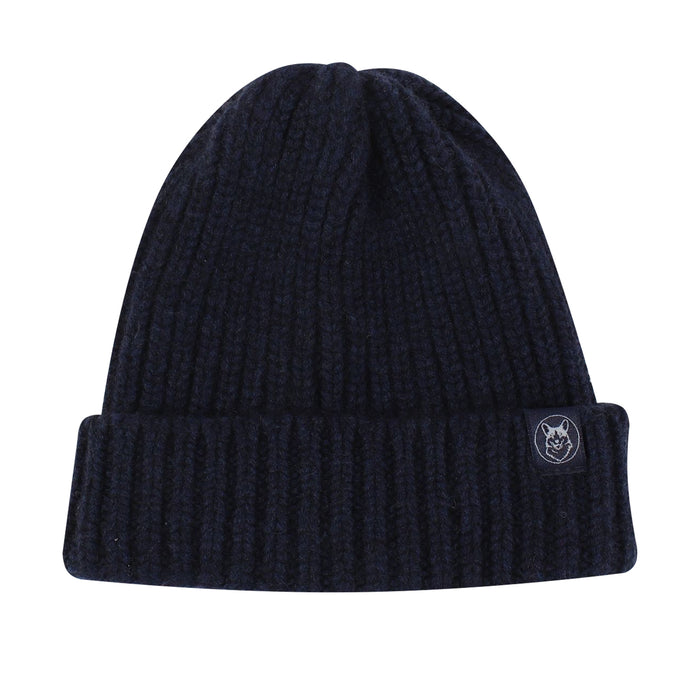 Navy blue knit beanie with a logo patch on a white background