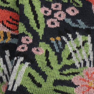 close up of the knitted sock fabric with a jungle-themed pattern including colourful plants, flowers, and animals like leopards and birds on a navy background.