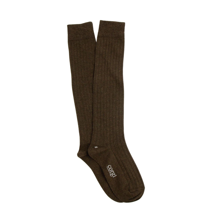 Pair of khaki green knee-high socks on a white background