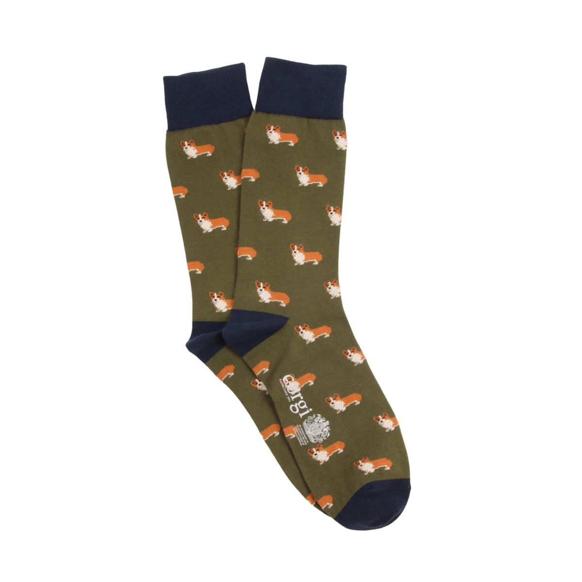 A pair of crew socks with an olive green background patterned with small corgi dogs, featuring dark navy cuffs, heels, and toes. The brand name 'Crazy Dog' is visible on the sole of one sock.