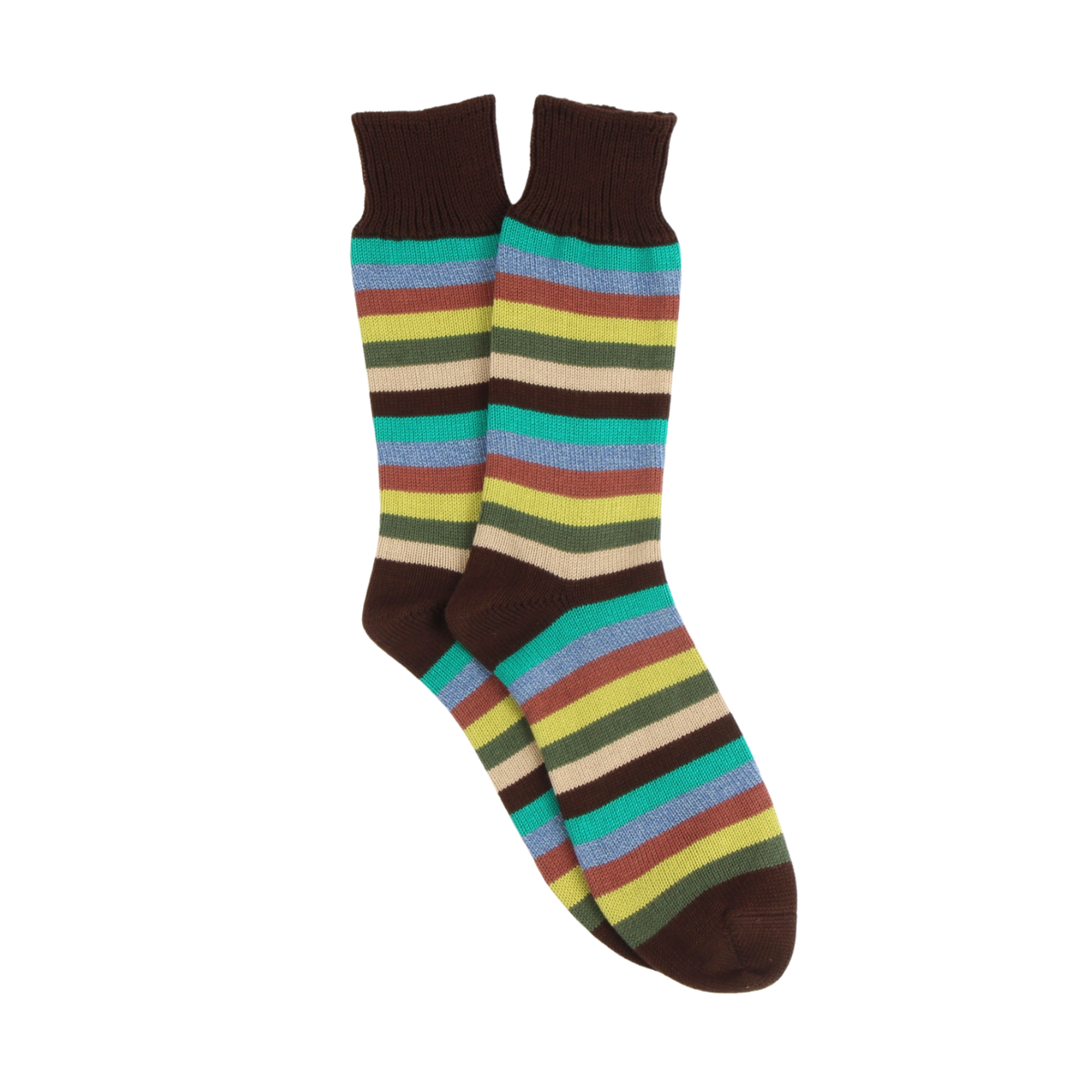 Colorful striped socks with black cuffs and toes on a white background