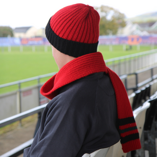 Person wearing a red and black beanie and scarf at a sports stadium.