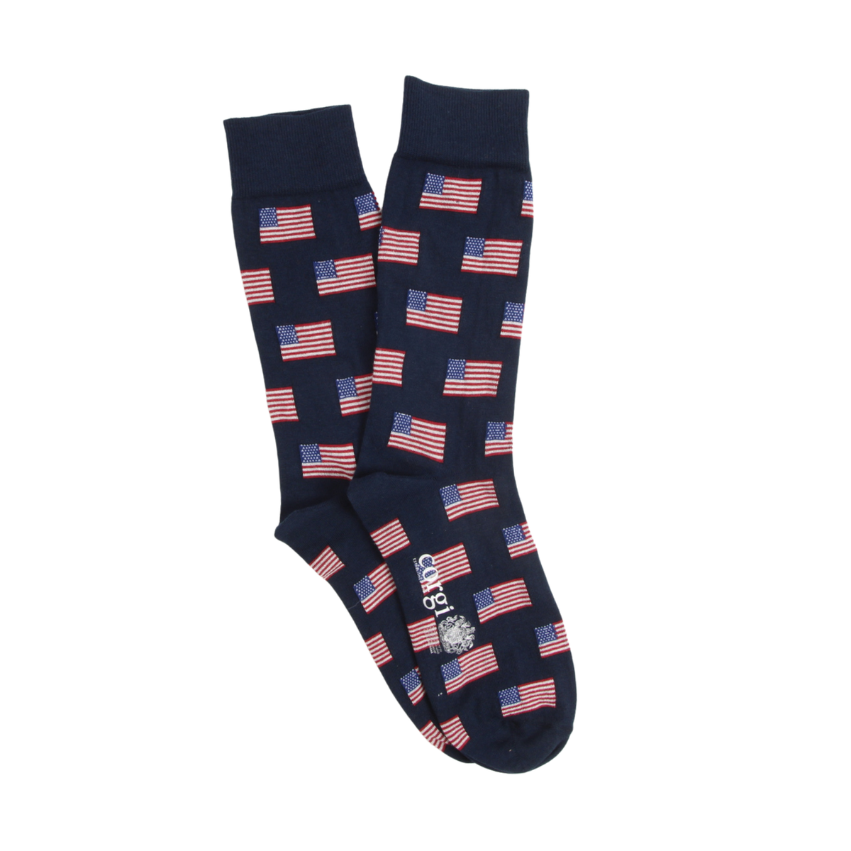 Pair of Navy socks with black and red accents on a white background.