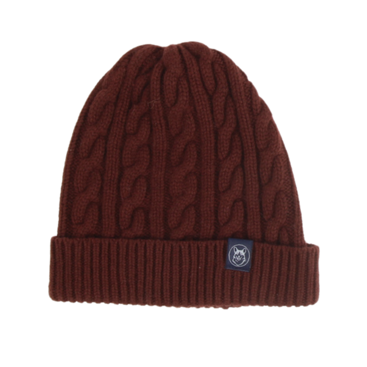 Wine cable-knit beanie hat with a ribbed cuff and a small navy blue brand patch on the side, shown against a plain white background.