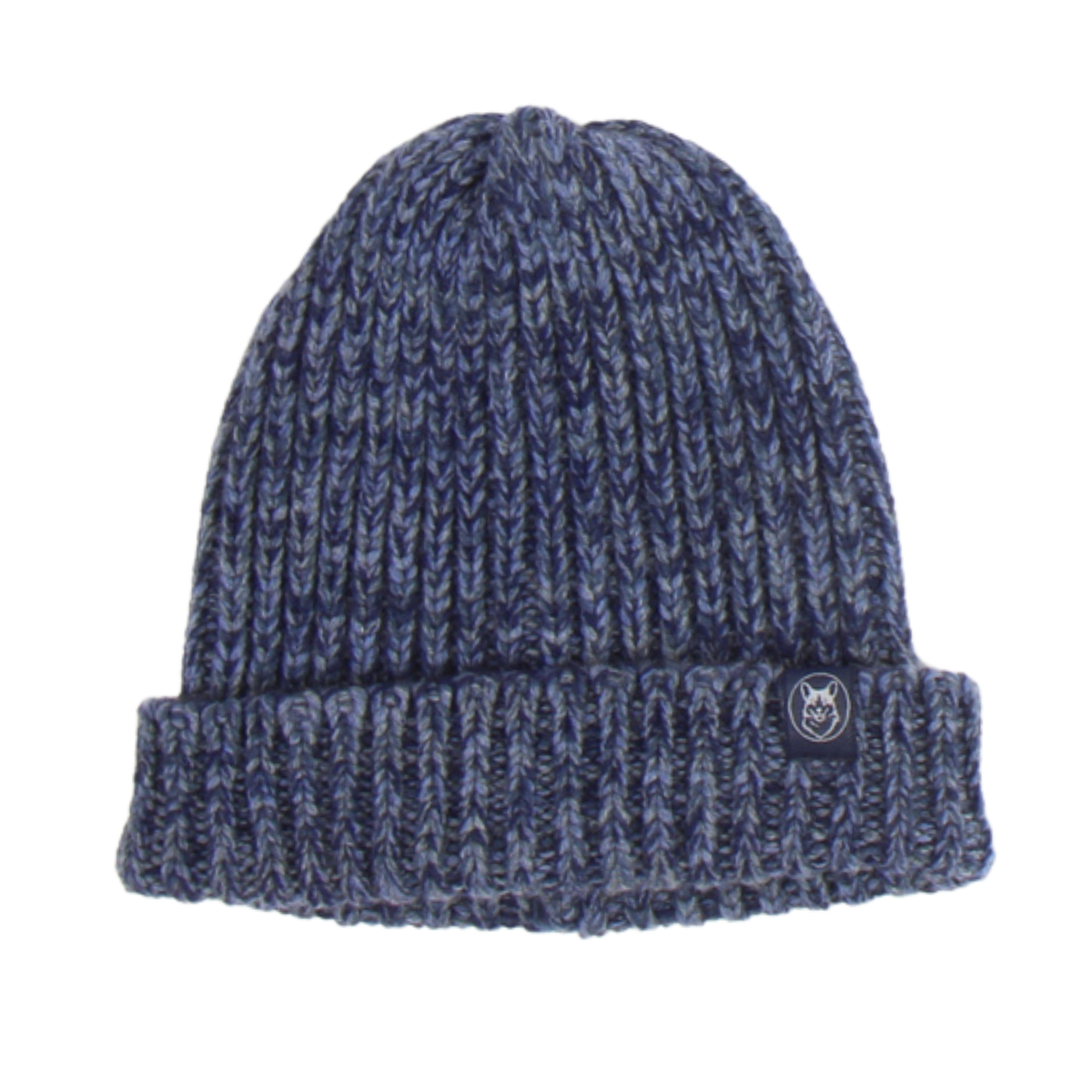 A navy blue and gray heathered knit beanie hat with a folded cuff, featuring a small circular logo patch on the front of the cuff.
