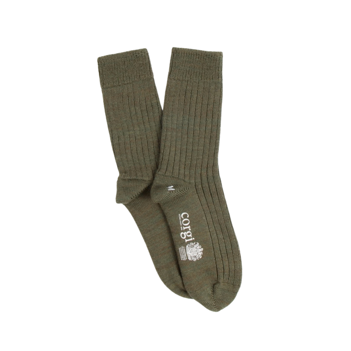 A pair of ribbed crew socks in olive green with a white printed logo on the sole, displayed against a plain white background.