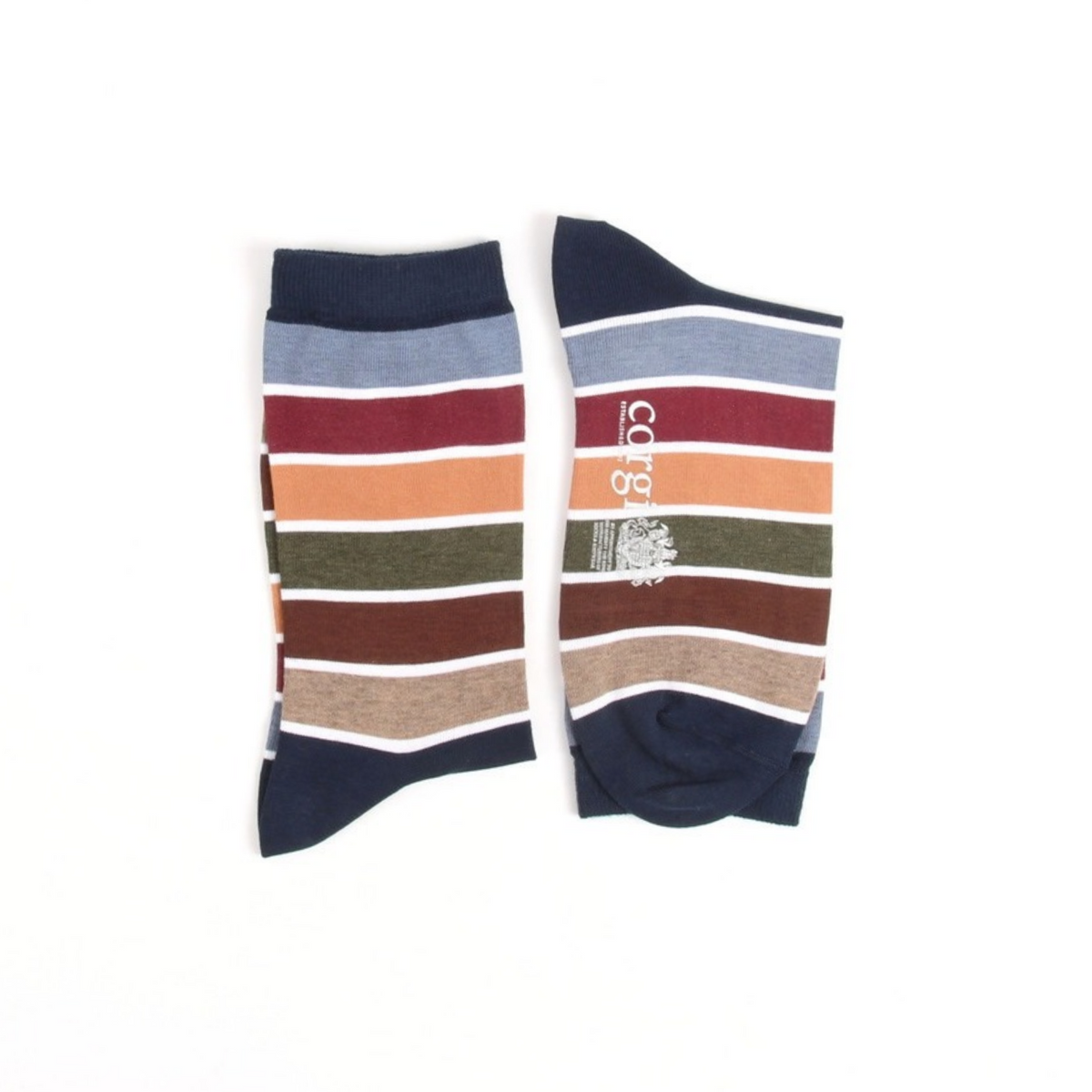 A pair of crew socks with horizontal stripes in navy blue, light blue, burgundy, orange, olive green, brown, beige, and white, displayed flat against a white background.