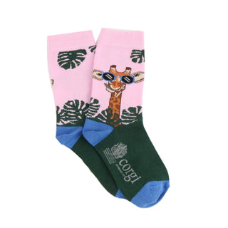 Colourful socks with a giraffe design on a pink background, featuring the brand 'Corgi'.