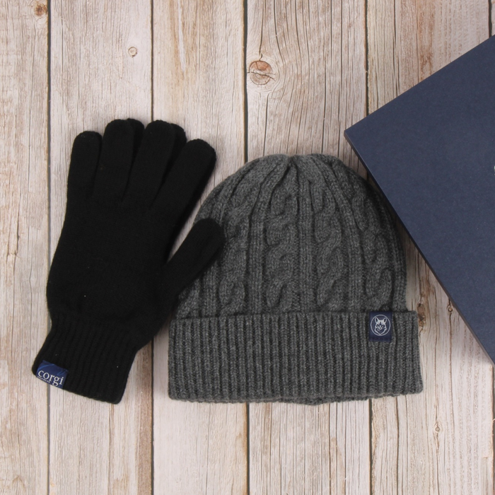 Men's Cashmere Beanie Glove Gift Set in Black
