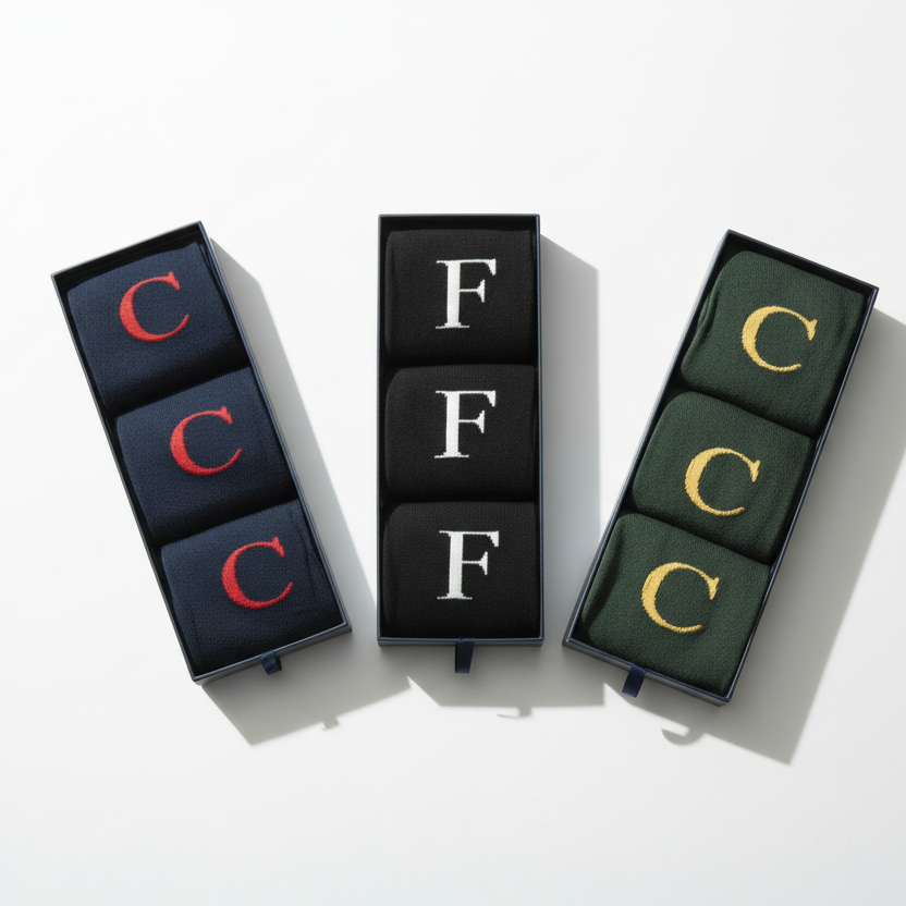 Men's Letter Socks in gift boxes on a festive table.