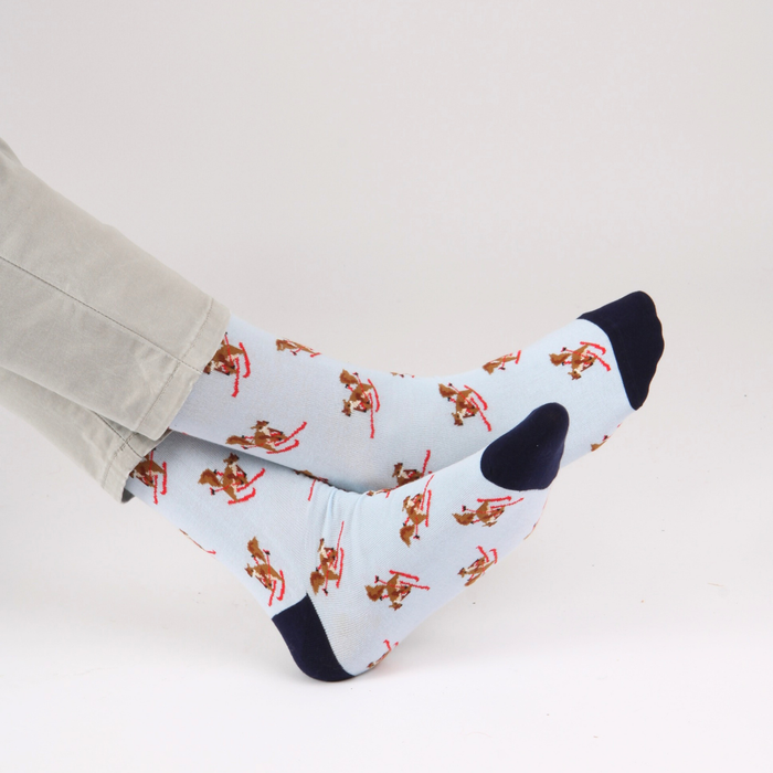 Pale blue socks with skiing squirrel pattern on a white background