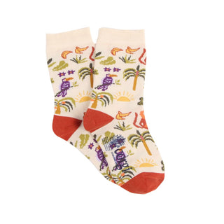 Colourful socks with tropical designs on a white background