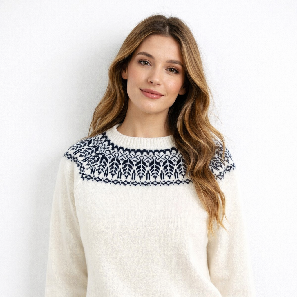 Woman wearing a white sweater with a black pattern on a plain background