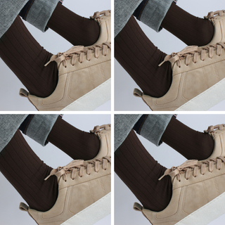 A collage of four images showing men's merino wool socks in various colors, worn with dress shoes.