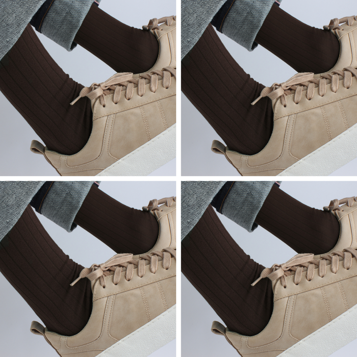 A collage of four images showing men's merino wool socks in various colors, worn with dress shoes.
