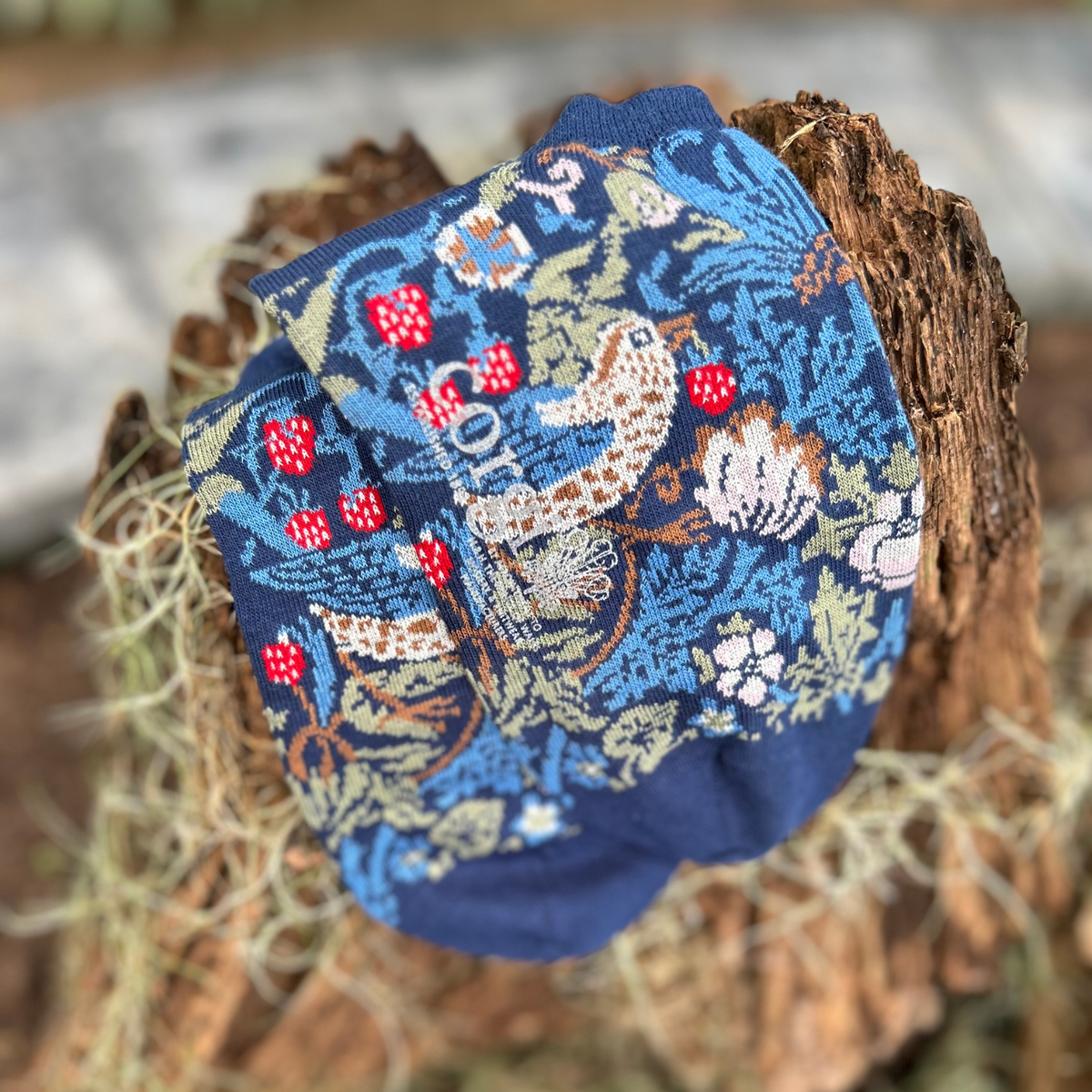 close up of floral trainer socks on bark