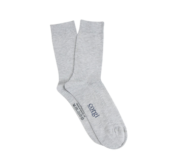 Gray socks with a brand logo on a white background