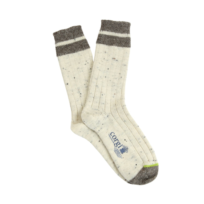 A pair of men's British wool socks with a striped cuff and speckled pattern, predominantly in neutral tones.