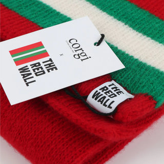 Red, green, and white striped fabric with 'Corgi' and 'The Red Wall' labels.