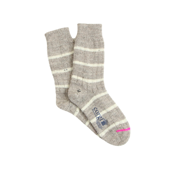 A pair of gray striped women's boot socks with a ribbed style and pink detailing on the toe.