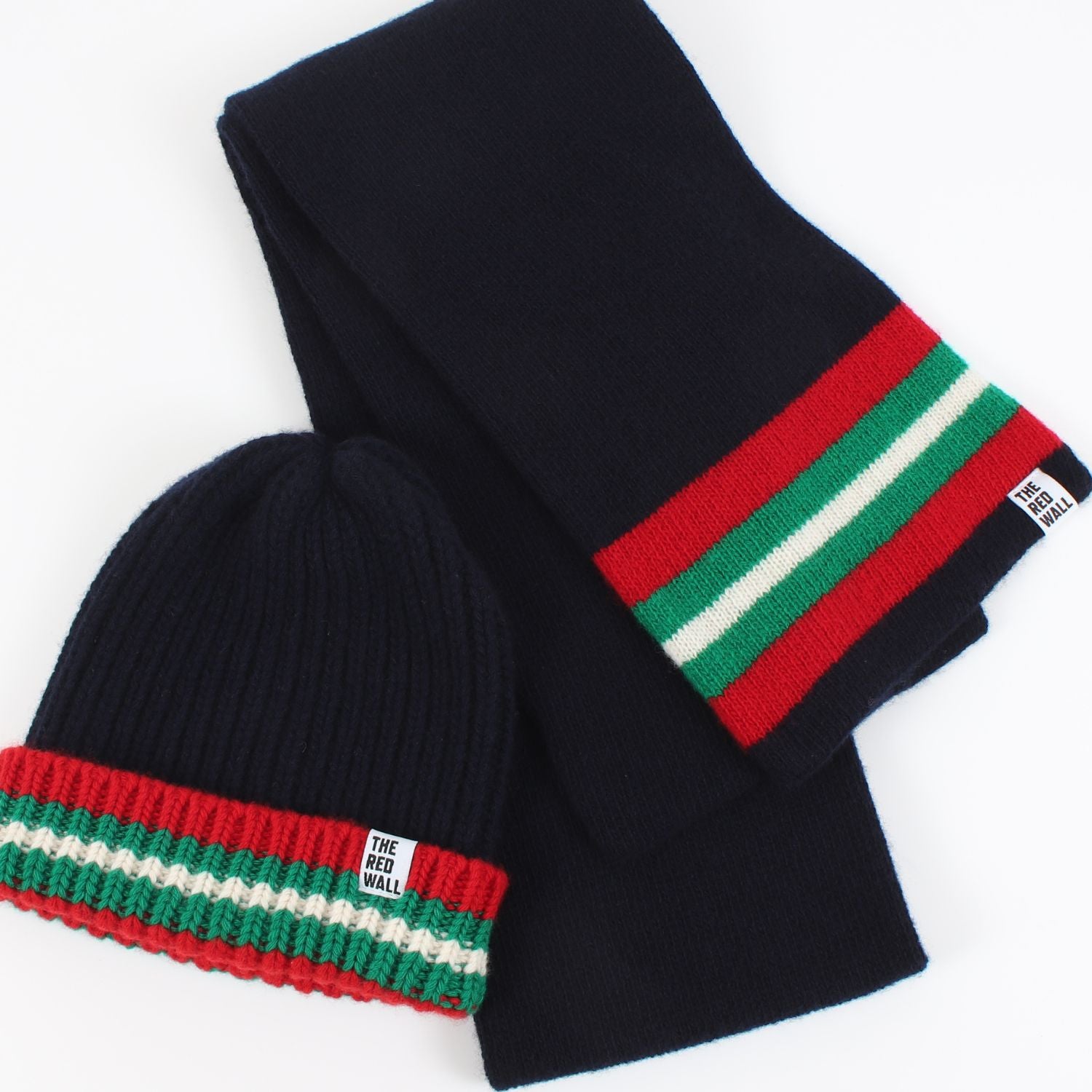 Red Wall hat and scarf on a white background.