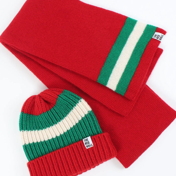 Red, green, and white striped hat and scarf set on a white background