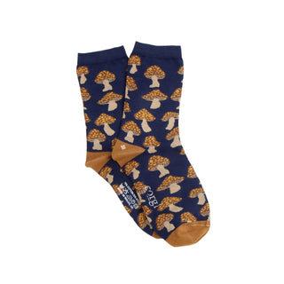 Navy socks with mushroom pattern on a white background