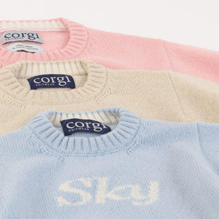 A sumptuous, long sleeved baby sweatshirt, personalised to your babies name available in pink, brown and blue. Choose from both wool and cashmere, by Corgi Socks.