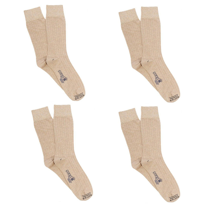 Four pairs of beige socks with a brand label on a white background