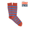 Red and blue striped socks with 'Combat Stress' text on a white background